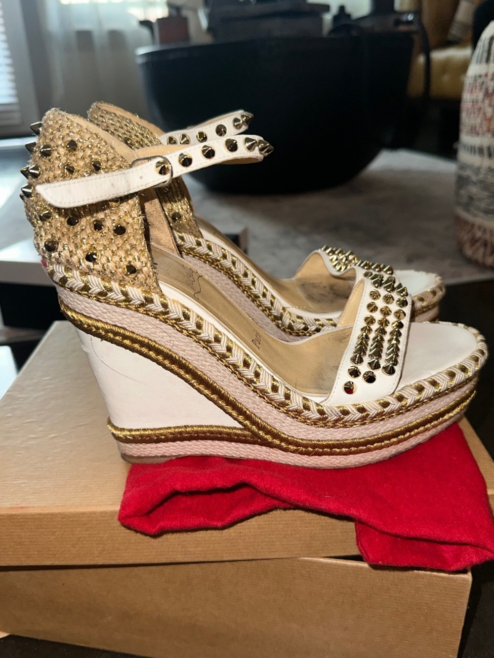 Christian Louboutin White and Gold Studded Espadrille Wedge Sandals